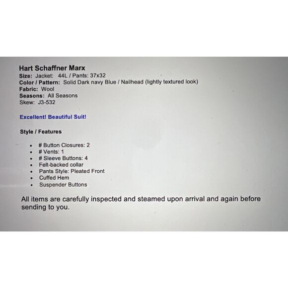 Hart Schaffner Marx 44L 37x32 Solid Navy Blue Nailhead Quality 2 Piece Suit - Picture 2 of 16